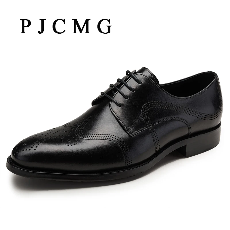 PJCMG Fashion Red/Black British Styel Classic Vintage Men Oxford Casual Business Genuine Leather Men Flats Dress Wedding Shoes