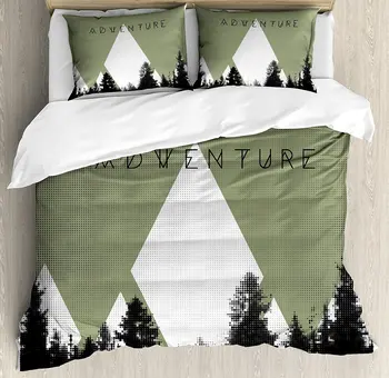 

Adventure Duvet Cover Set Forest with Halftone Effect Hipster Typography Camping in Mountains Decorative 4 Piece Bedding Set