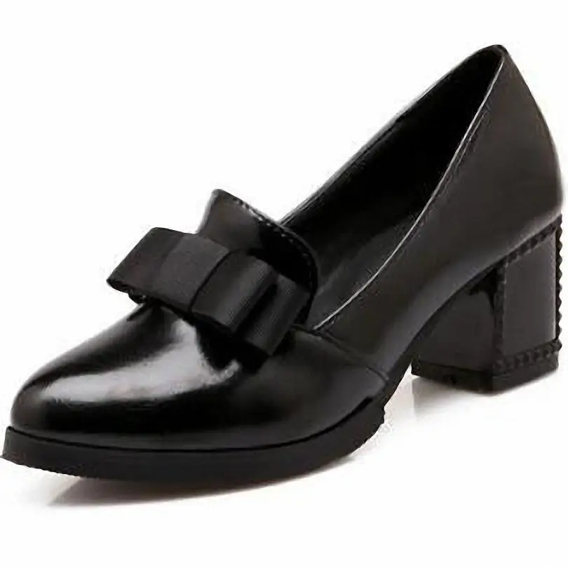 

Vintage Style Woman Small Bowtie Platform Pumps Pointed Toe Square Heel High Shoes Big Size34-43 Pink Red Black