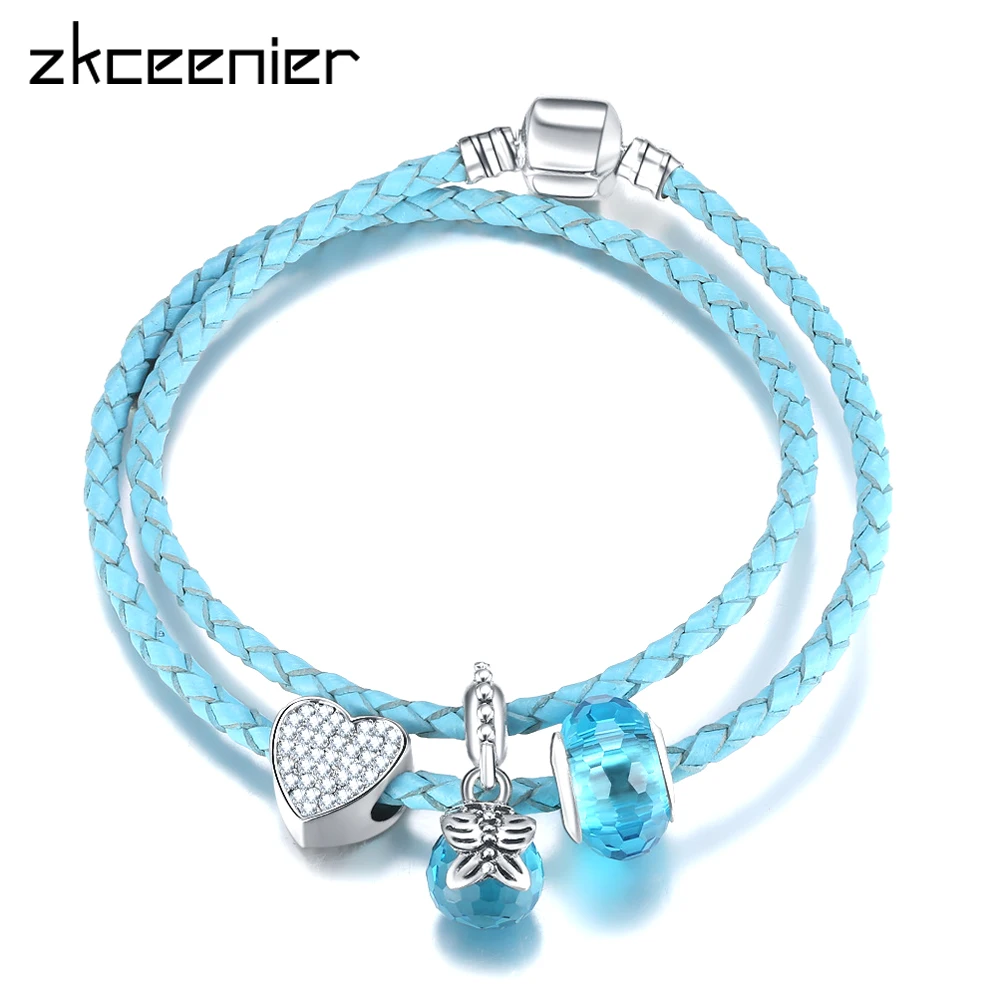 ZKCEENIER Romantic Blue Water Drop Leather Pandora Bracelets Fit Diy