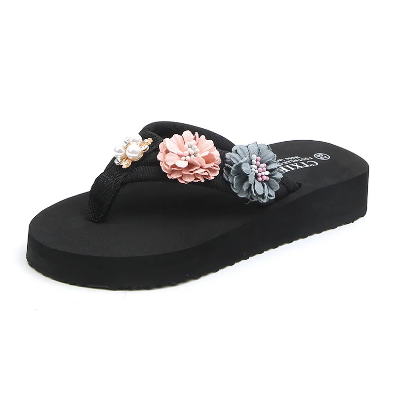 Summer Fashion Kids Slippers Artificial Flower Girls Flip Flops Beach Shoes Children Comfortable Rhinestone Slippers For Girls