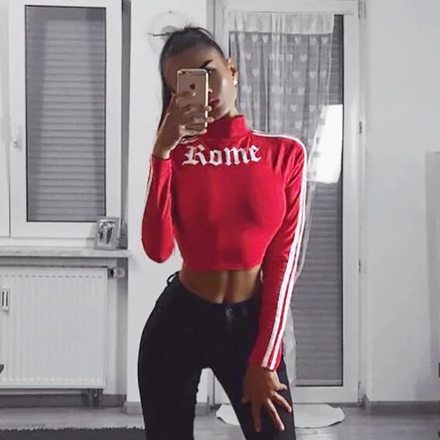 Women Turtleneck Sexy Red Crop Top Shirt Romeo Letter