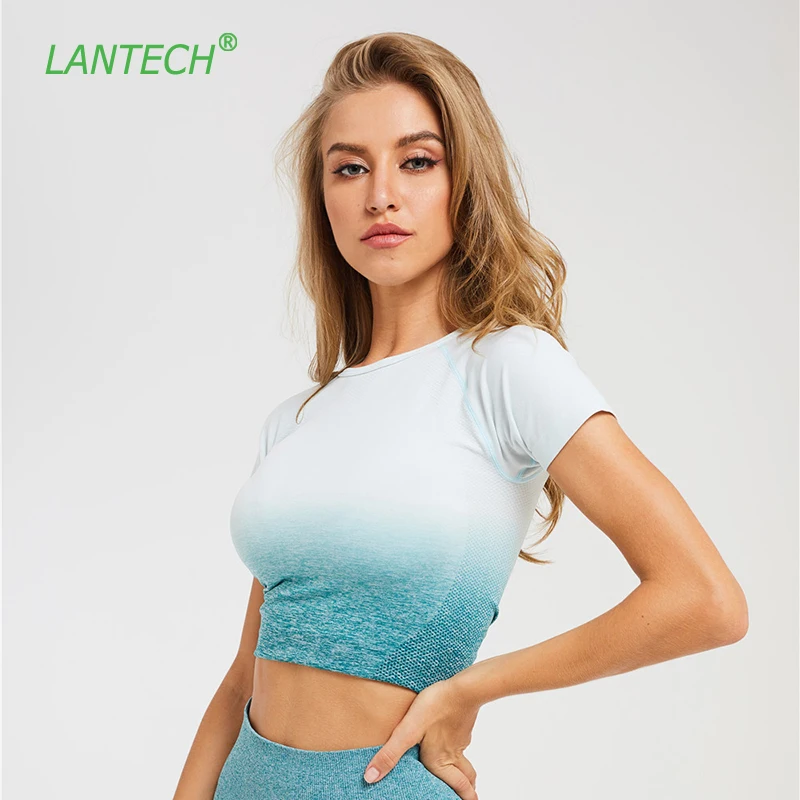 

LANTECH Gym Shirts Seamless Crop Tops Yoga Fitness Women Compression Tights Sports Short Sleeve Running Workout Ombre Sportswear