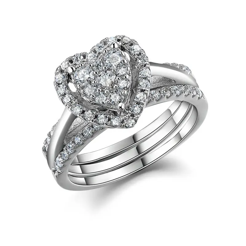 New White CZ Heart Shape 3 Pcs Wedding Ring Sets 925 Sterling Silver Jewelry For Women Proposal Gift