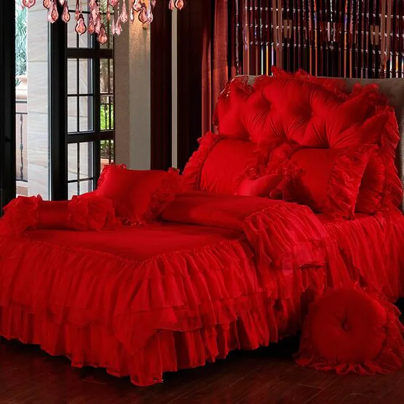 

fashion Jacquard Silk princess bedding sets queen king 4pcs Beige Lace Ruffles duvet cover bedspread bed skirt bedclothes