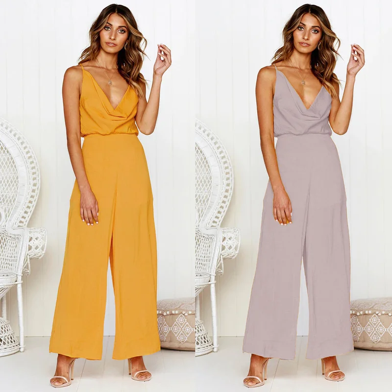 

Summer women's 2019 new sexy V-neck sling jumpsuit strapless jumpsuit fashion hollow comfortable temperament party jumpsuit Hh54