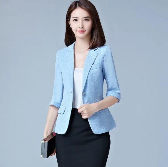 

Women Three Quarter Sleeve Summer Plaid Blazer Female One Button Slim Suit Jacket Office Lady Formal Work Blazer Femme Pink Grey