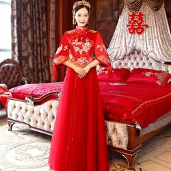 2018 красный китайский традиционный свадебное платье Cheongsam долго Qipao Вышивка халат orientale Китай Костюмы магазине Vestido Oriental