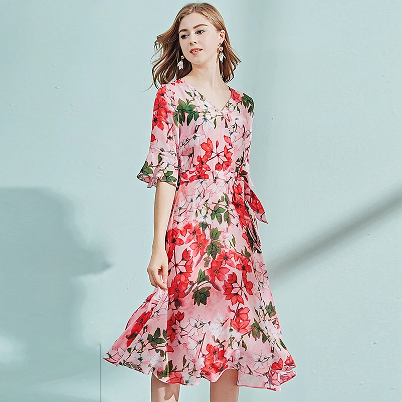 100 Silk Dress Women Bright Printed Cross V Neck Flare Sleeves Sashes