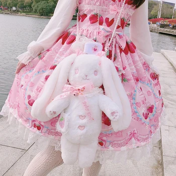 

Korean Cute Rabbit Toy bag Lolita Japanese Kawaii Lop-ear Rabbit Plush Backpack Handbag Soft Sister Shoulder bag 3way Girl