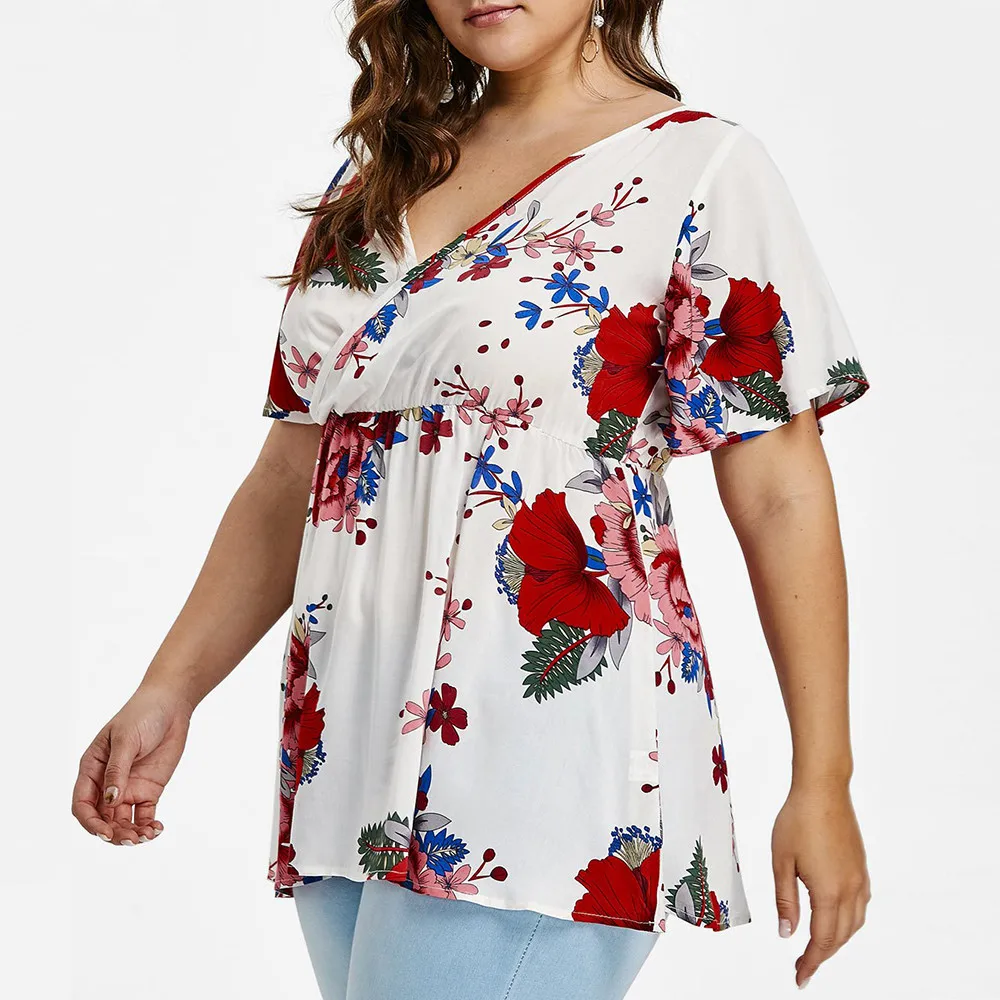2018 Women V Neck Chiffon Shirts large size Floral Print Summer Shirt Plus Size Tops Backless Bandage Blouse Boho 5XL 4XL Blusa Blouses