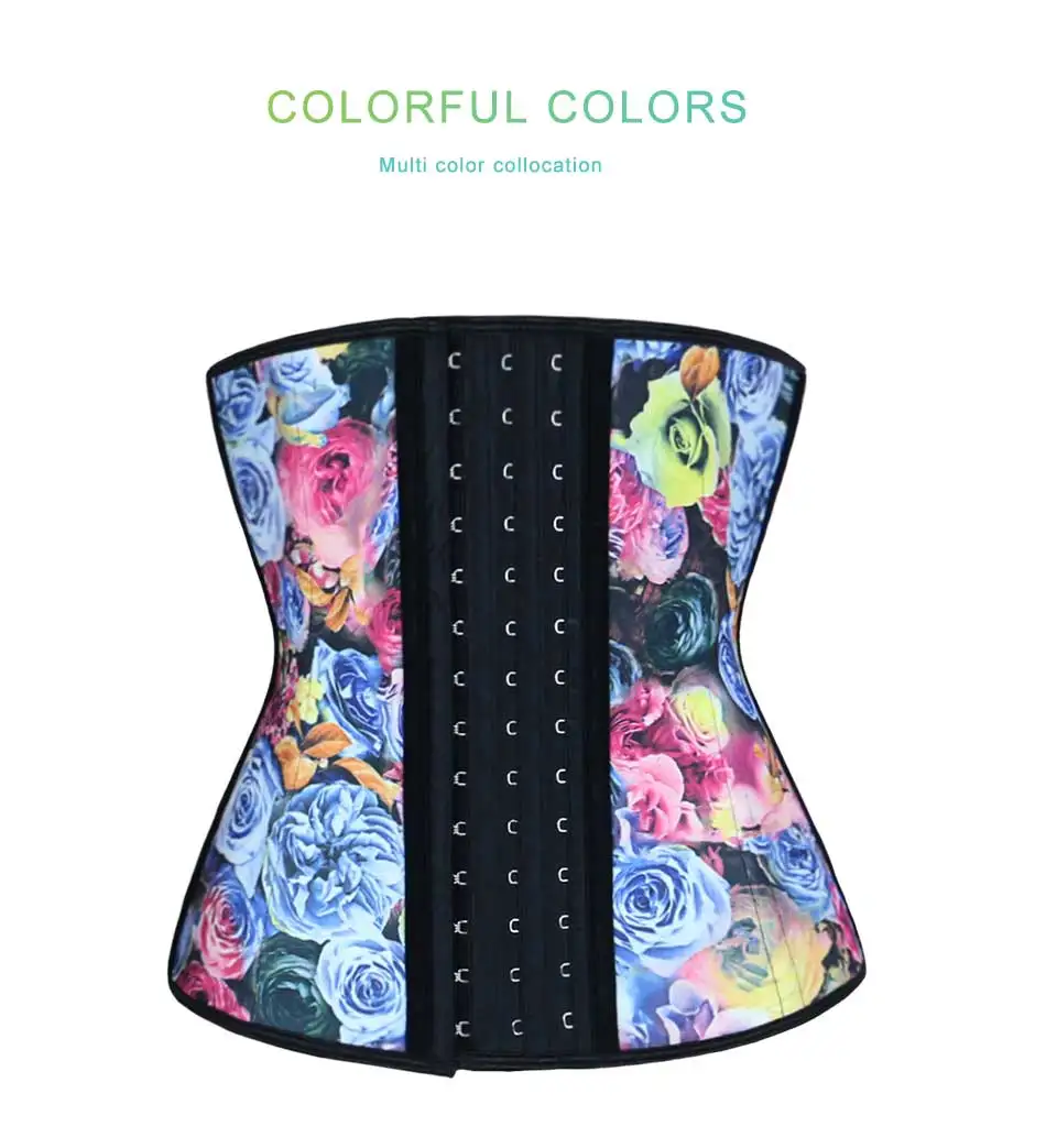 NB1403 01 Atbuty Steel Boned Waist Trainers Rose Printing Waist Corsets Latex Slimmer Hooks Closure Body Control for Postpartum Women (7)
