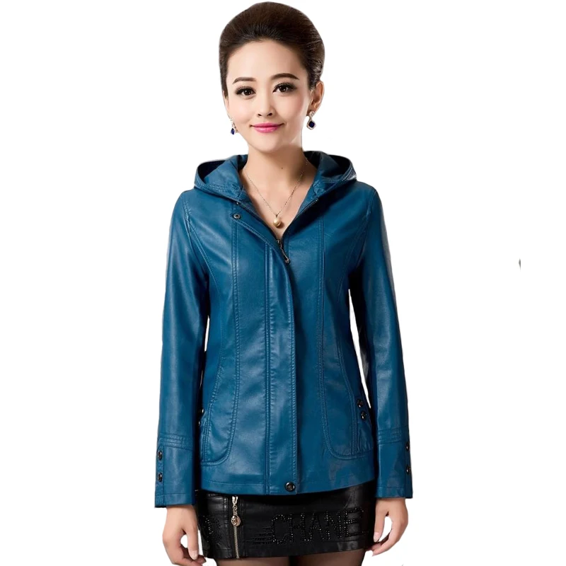 red Del 2019 Dell'unità Inverno Sottile Giacca De Black Cappotto coffee Pelle Autunno Più Con Il Di Delle Formato Femminile Elaborazione blue Maniche Cappuccio A Cuoio Lunghe Donne RSSqrwt