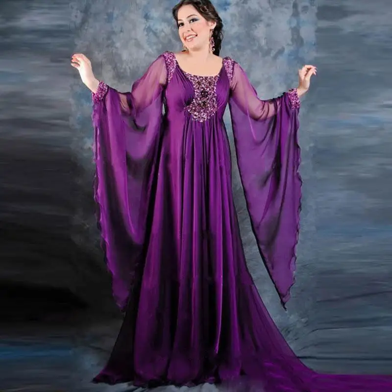 

2015 arabic Chiffon Kaftan Purple Evening Dresses A Line Long Sleeve Square Collar Beaded Crystals Arabic Abaya Jalabiya Dubai