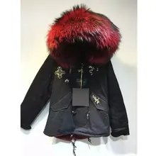 Цветовая гамма меховой отороченный капюшон Синий Красный Желтый Фиолетовый Натуральный мех куртка, с большим воротником змея бисером знак пальто