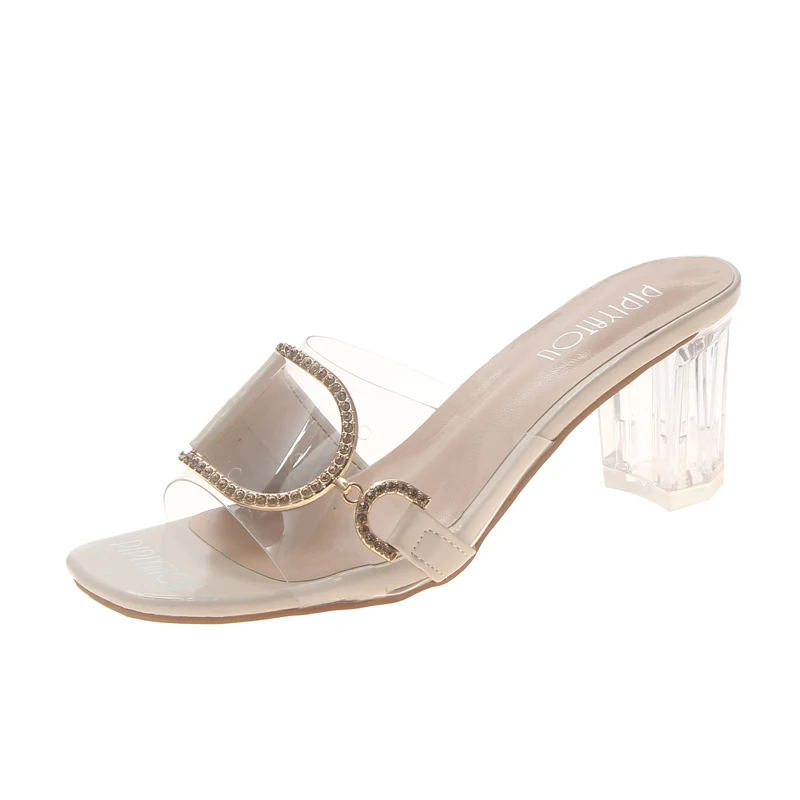 

Transparent Slippers Female Mules Slides Summer Women Shoes Metal Buckle Peep Toe Square Low Heels Slippers Ladies Shoes Woman
