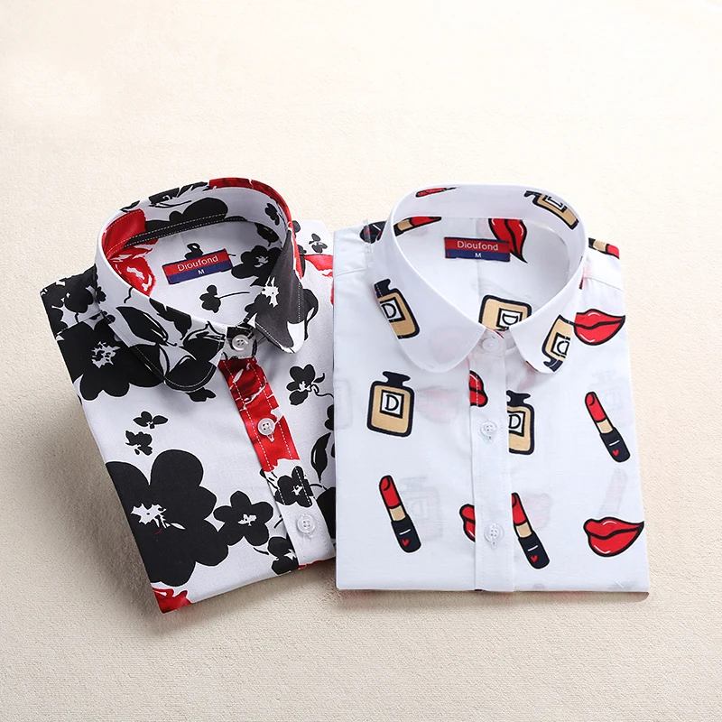 Dioufond Women Blouse Cotton Blusas Long Sleeve Plus Size Ladies Top Femme Cute Pattern Turn-down Collar Women Shirt Fashion Dioufond Women Blouse Cotton Blusas Long Sleeve Plus Size Ladies Top Femme Cute Pattern Turn-down Collar Women Shirt Fashion