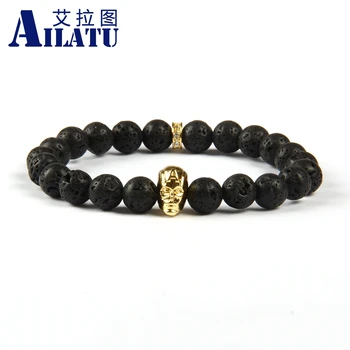 

Ailatu Mens Jewelry 10pcs/lot 8mm Lava Rock Stone Beads with Brass Captain America Beaded Elastic Bracelets