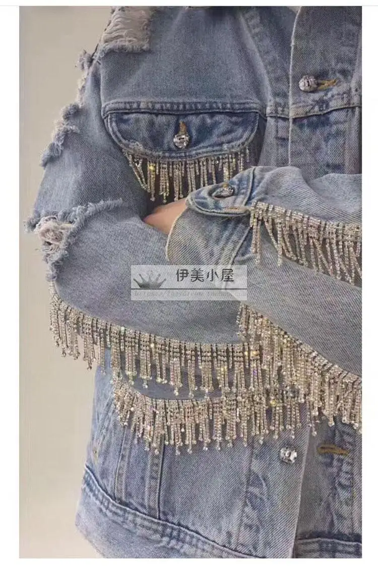 

New 2019 haute couture heavy diamond tassel sparkling diamond hole cowboy long-sleeved jacket female imports