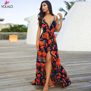 

VOLALO Floral Print Ruffles Chiffon Maxi Dresses Strap V Neck Split Beach Summer Dress Sexy Backless Women Dress Long Vestidos