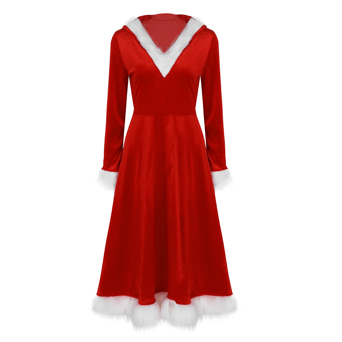 TiaoBug женский красный Рождественский костюм женский мягкий бархат с длинным рукавом с капюшоном платье Рождество Праздник Санта семья Косплей Вечеринка платье