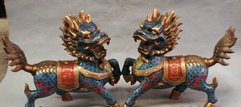 

bi002322 14" Folk Chinese Cloisonne Bronze FengShui Guard Cai Fu Dragon Kylin Statue Pair