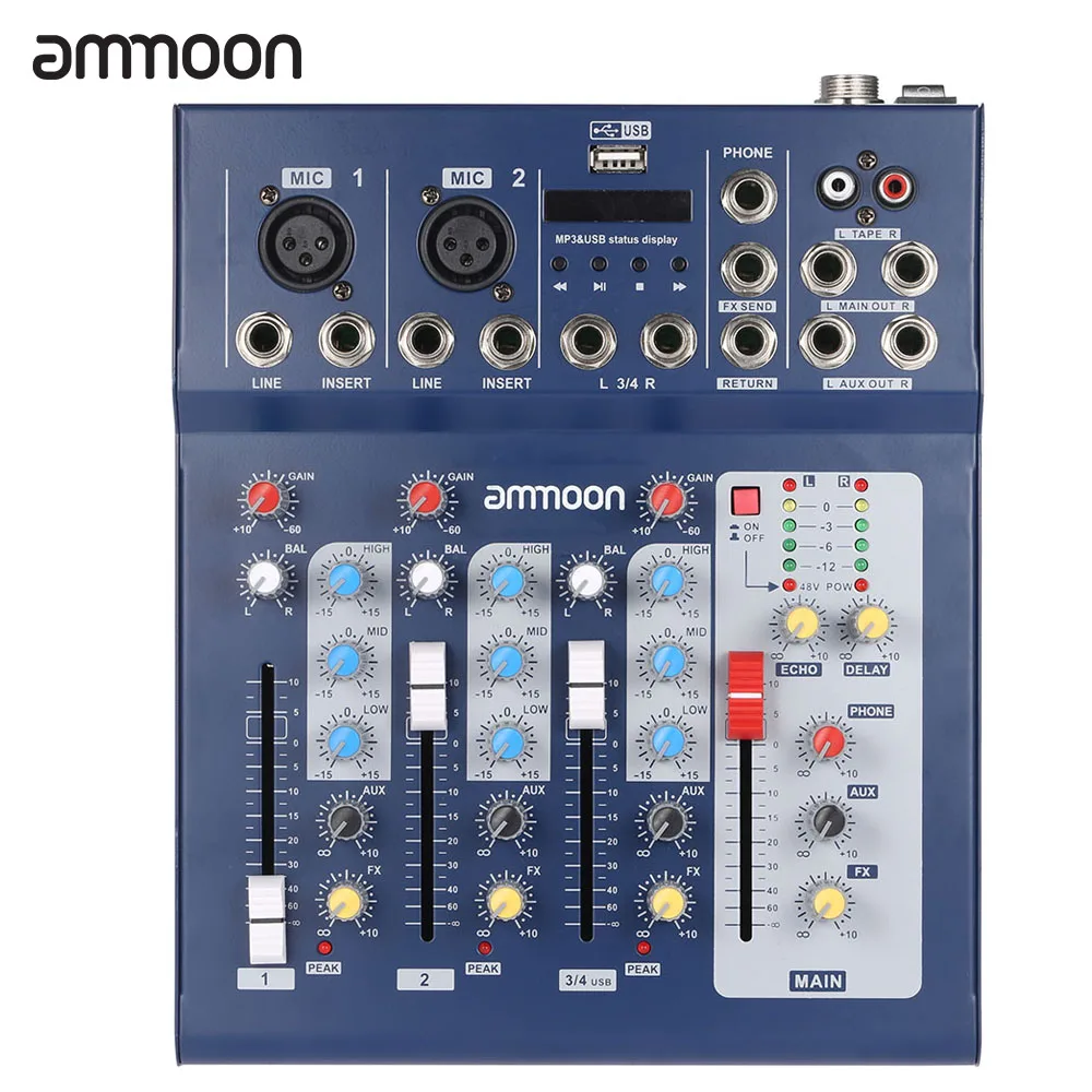 

ammoon F4-USB 3 Channel Digital Mic Line Audio Mixing Mixer Console with 48V Phantom Power for Recording DJ Stage Karaoke US/EU