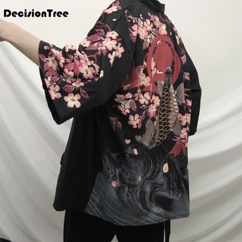 

2020 men loose cardigan japanese kimono stripe coat high street hip hop casual outerwear embroidery dragon and koi kimono