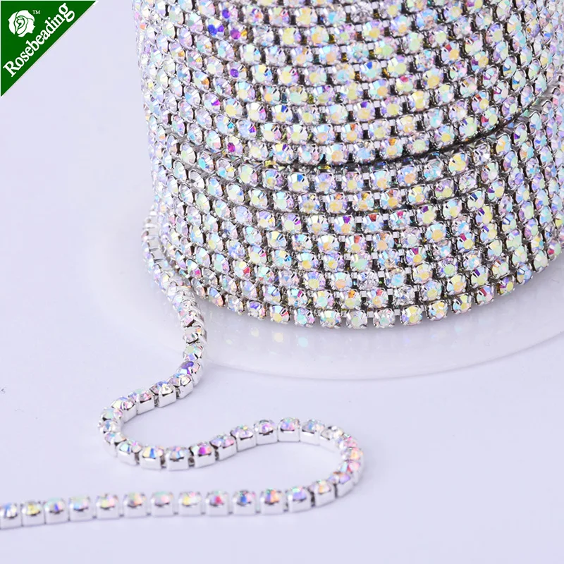 

Silver Base SS6 Crystal Clear And AB Rhinestone Intensive Silver Base New Style DIY Beauty Accessory Sew On Rhinestone Chain