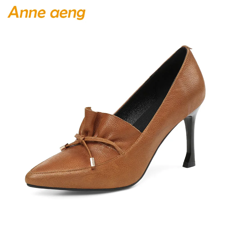 

2018 New Spring Autumn Genuine Leather Women Pumps High Heels Pointed Toe Slip-On Shallow Sweet Sexy Office Ladies Women Shoes