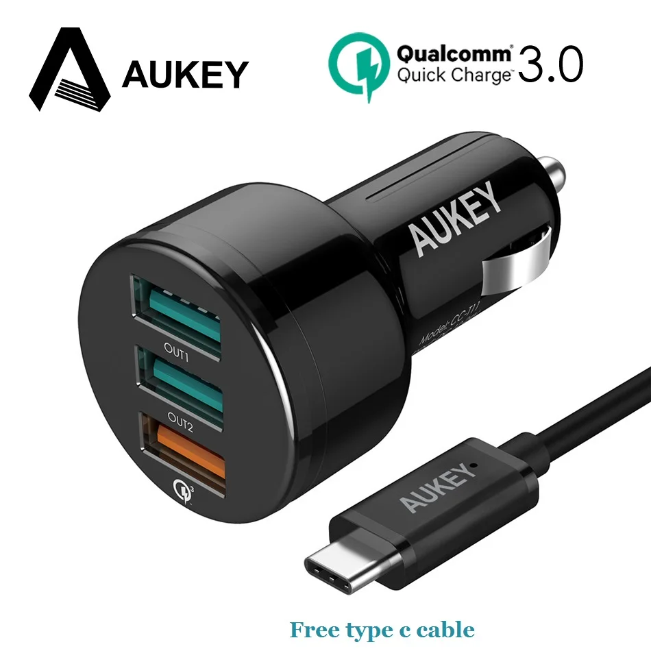bilder für AUKEY 3 Ports Quick Charge 3,0 USB Car Charger mit freies typ C kabel Mini Auto-Ladegerät für Xiaomi 4x iPhone Samsung galaxy s8 bilder für AUKEY 3 Ports Quick Charge 3,0 USB Car Charger mit freies typ C kabel Mini Auto-Ladegerät für Xiaomi 4x iPhone Samsung galaxy s8