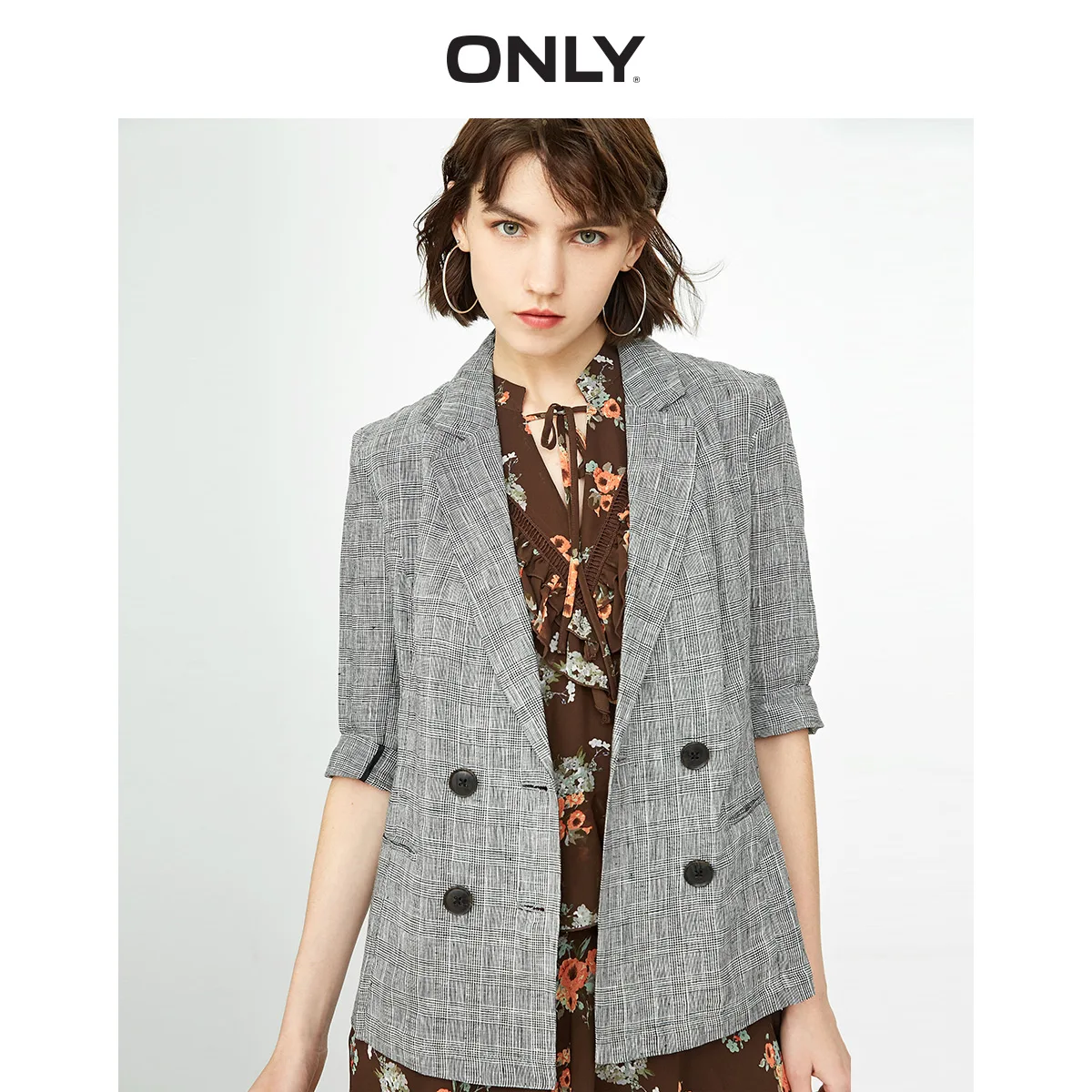 

ONLY Women's Linen Checked 3/4 Sleeves Suit Jacket | 118308505