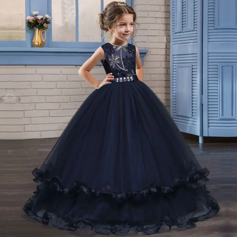 

Summer New Girl Long Party Dress Sleeveless Embroidery Bow Evening Wedding Elegant Children luxury Kids Dress Formal Vestidos