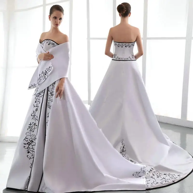 

Vintage 2019 Fashionable Sexy White And Black Wedding Dress Off Shoulder Sleeveless Embroidery Wedding Gown with Scarf