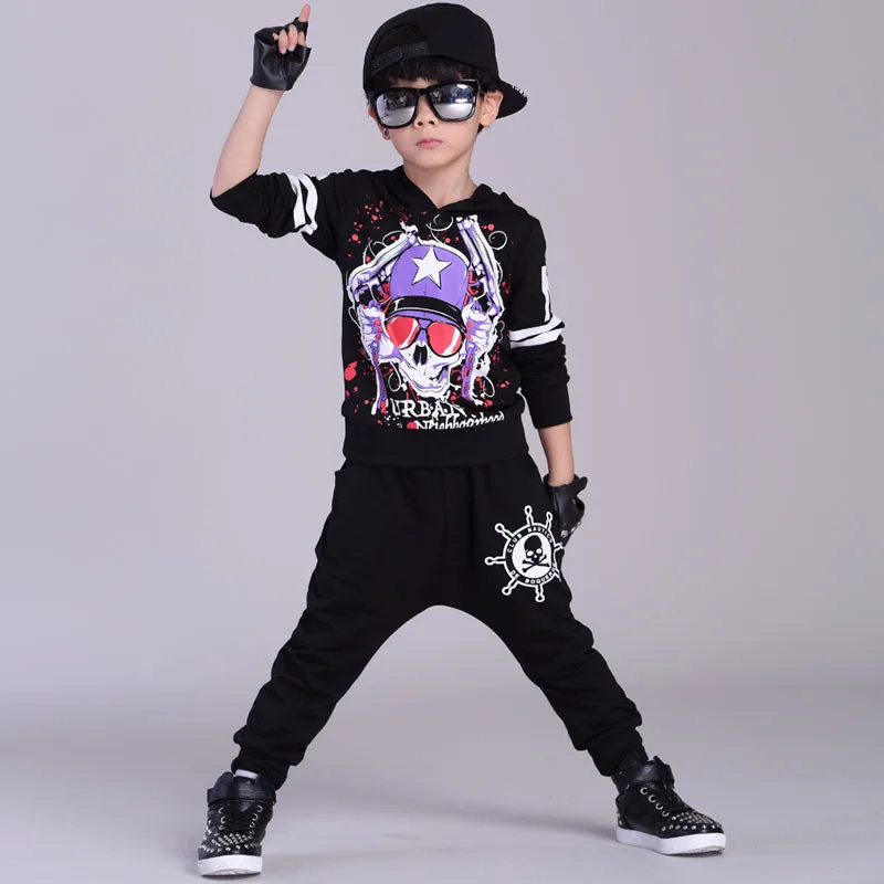 

Black Print Hip Hop Kids Dance Costumes Boys Girls Jazz Clothing Set 2019 Spring Autumn Fashion Skull Hoodie Harem Pants Suit