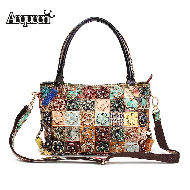 

AEQUEEN Diamond 3D Flower Handbag Vintage Genuine Leather Shoulder Bags Women Patchwork Crossbody Messenger Bags Random Color