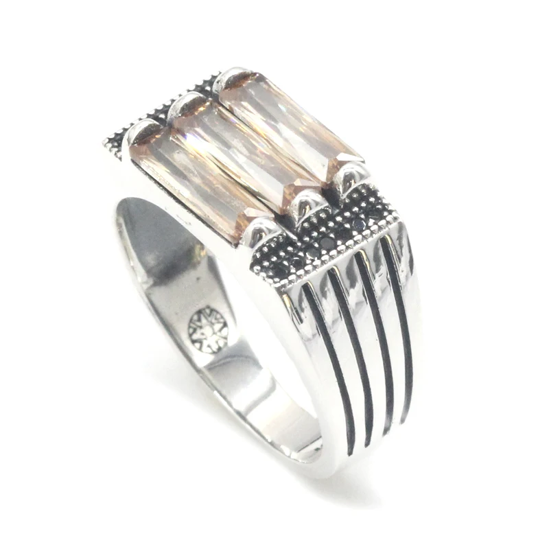 

925 Sterling Silver Men Ring Geometric Light Yellow Zircon Punk Rock Multicolor Finger Ring for Men Fashion Jewelry