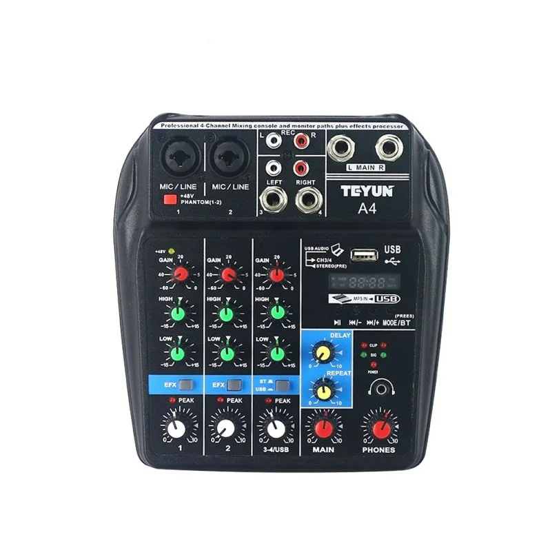 Online Consola mezclador de audio profesional Bluetooth 48V portátil 4 canales USB Mini consola de mezcla de sonido retardo repetir efecto Home Karaoke Live