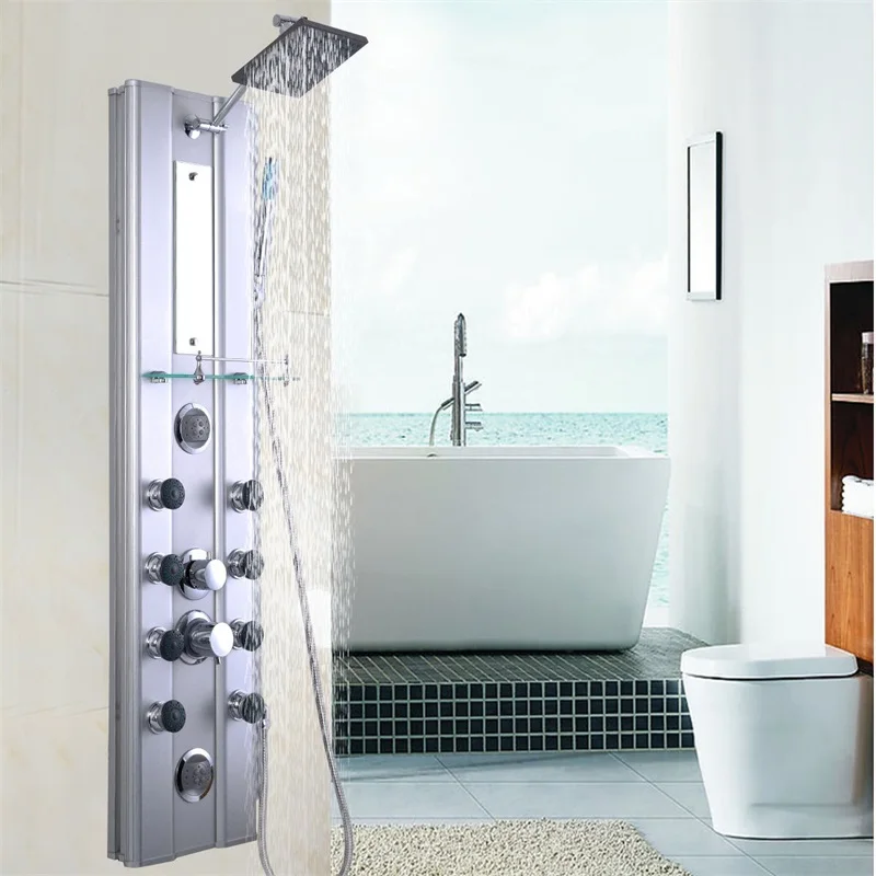 

46" Bathroom Aluminum Thermostatic Shower Panel with 10 Massage Jets