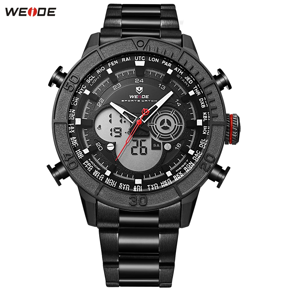 

Fashion Casual Brand WEIDE LED Men Steel Band Black Watch Sports Watch Digital Quartz Watch Men Functional Wristwatches Relogios