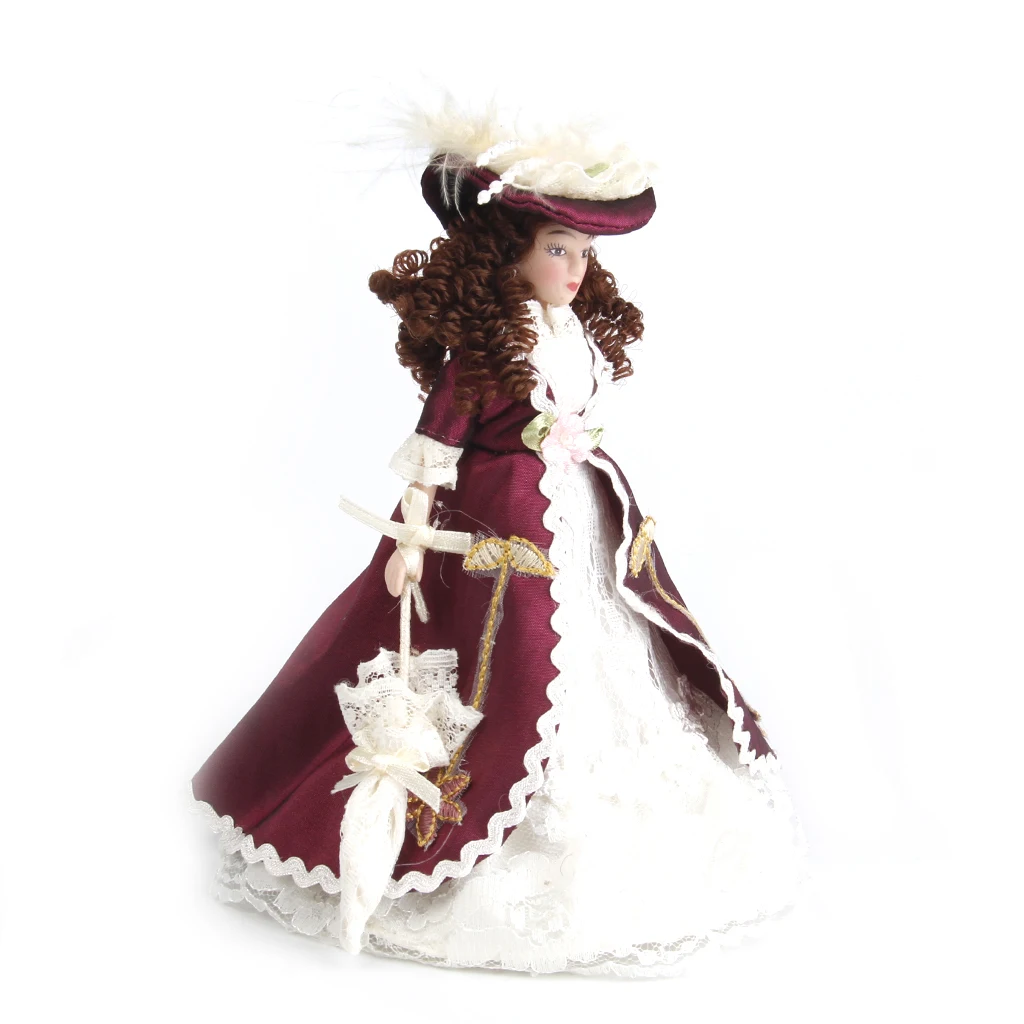 1/12 Dollhouse Miniature Porcelain Dolls Classical Lady Doll with Hat 