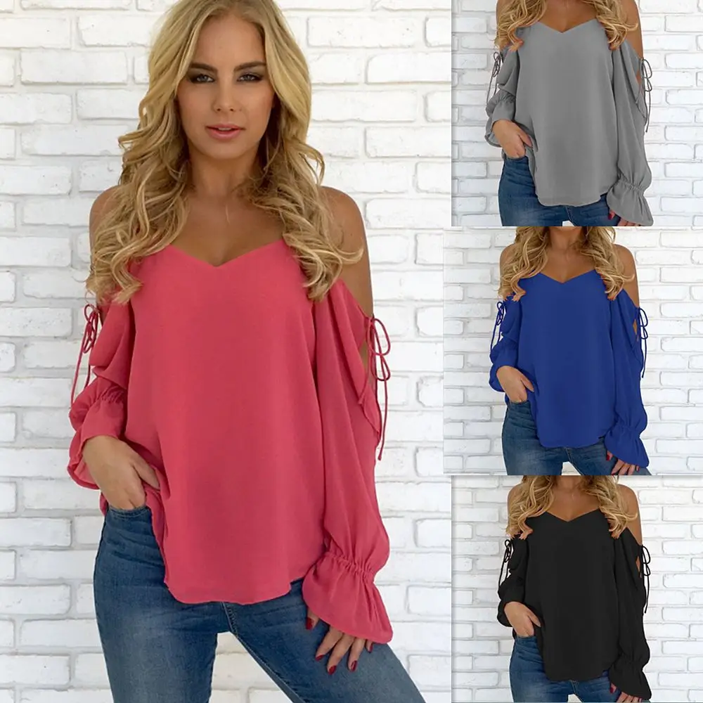 

Danjeaner Summer Tops Women Sexy Off Shoulder Blouses Shirts Long Sleeve V neck Blouse Women Lace up Novelty Female Top