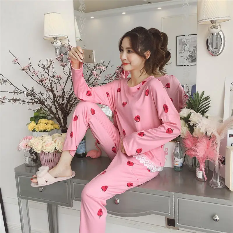 Женский Осенний пижамный комплект, пижама с принтом медведя, домашняя пижама, Женский хлопковый пижамный комплект, одежда для сна размера плюс, Пижама для женщин - Цвет: baibian caomei pink