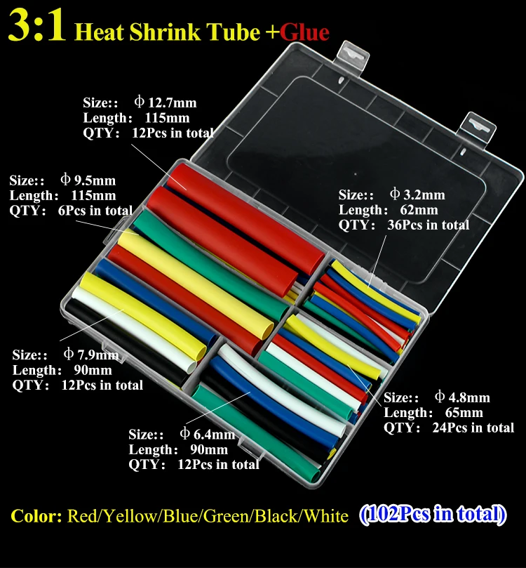 102 шт./компл. 3:1 соотношения термоусадочная трубка Ассорти термоусадочная трубка изоляция электронная термоусадочная изоляция для кабеля втулка провода комплект