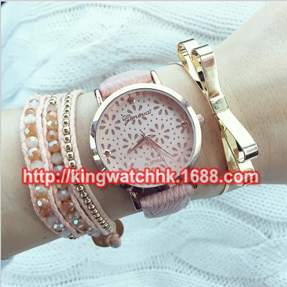 

100pcs/lot Fashion Plum Blossom Watch GENEVA Brand Leather Watch Wrap Quartz Casual Watch Chrysanthemum Clock Wholesale Price