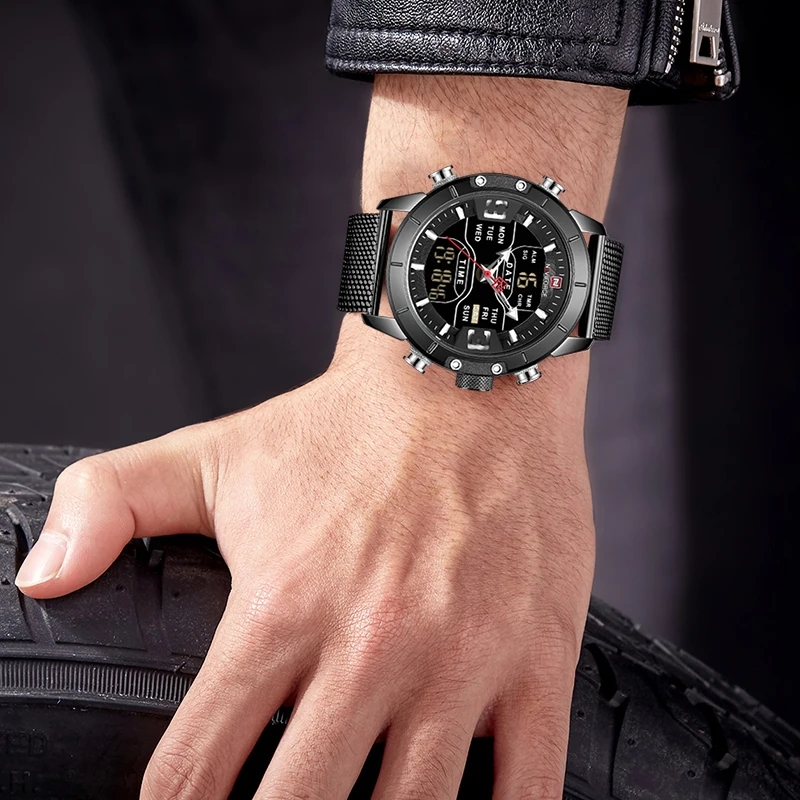 Mens watch top brand luxury NAVIFORCE 9153 stopwatch LED sport military waterproof steelstrap wrist