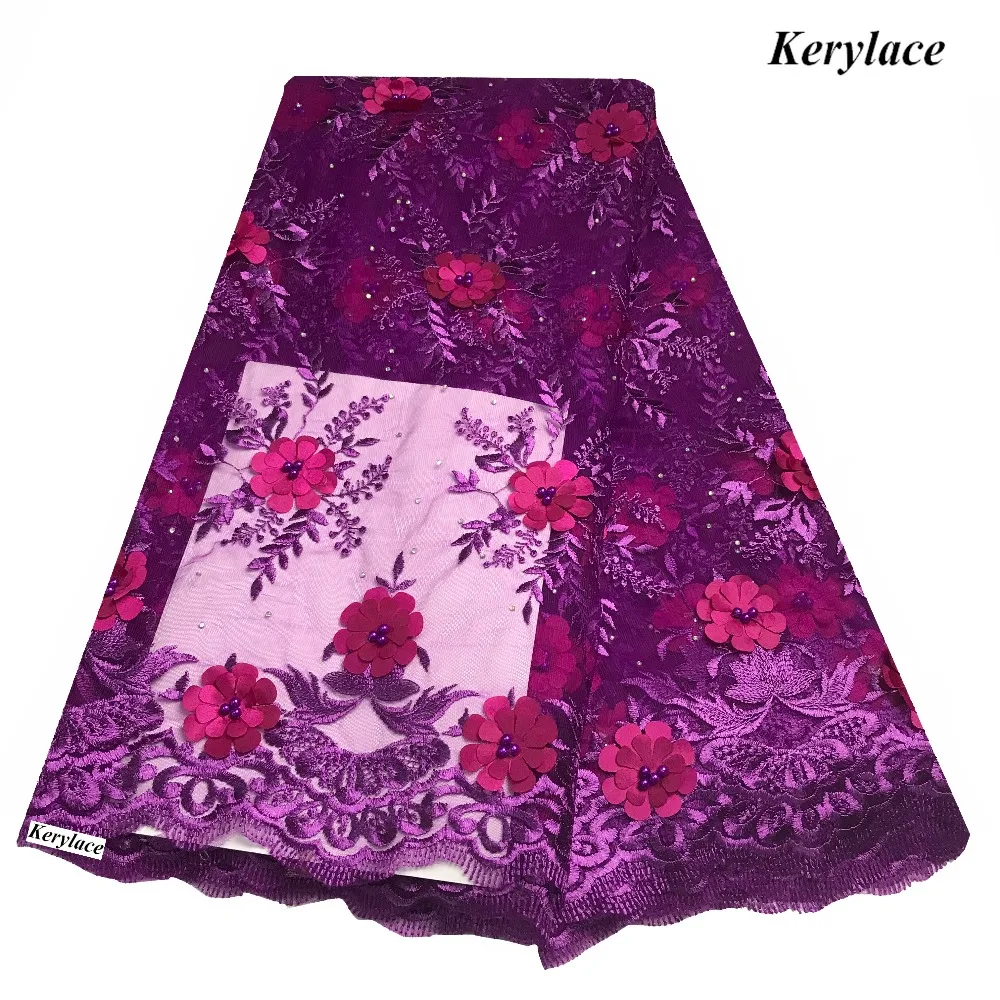 

Wedding Purple Lace Fabric African Swiss Voile Lace 3D Applique Beaded&Rhinestone With 1.6 Yards Sequins Scarf/Headtie KRL-2773