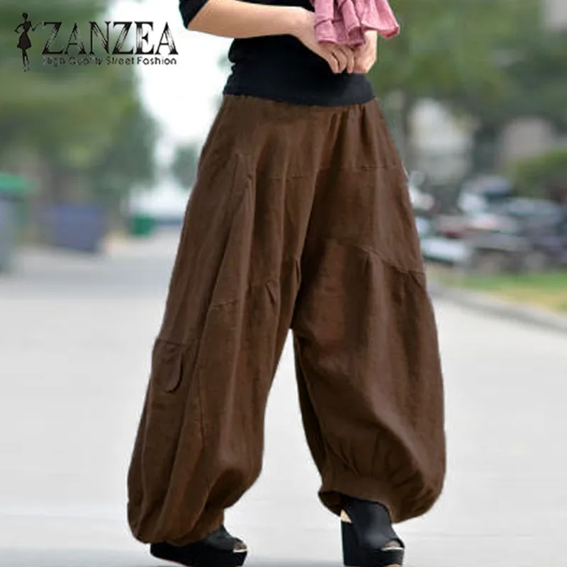 2021 ZANZEA Safari Women High Elastic Waist Lantern Pantalon Loose Baggy Cargo Pants Solid Cotton Linen Long Wide Leg Trousers