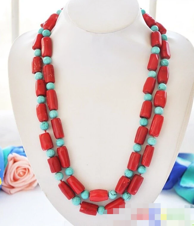 

1094 red cylinder coral blue turquoise bead necklace