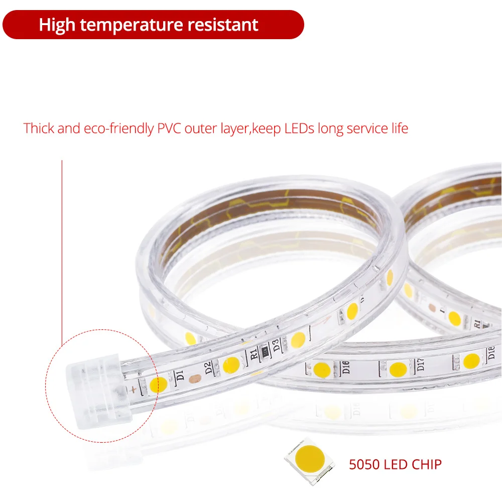 50 м 220 в 60 светодиодов/м светодиодные ленты с ЕС мощность Plug водостойкий гибкий ремешок свет 5050 Led клейкие для наружной цепи украшения свет